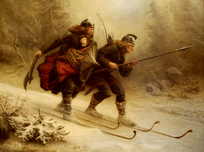 Knud Bergslien Birkebeinerne pa Ski over Fjeldet med Kongsbarnet